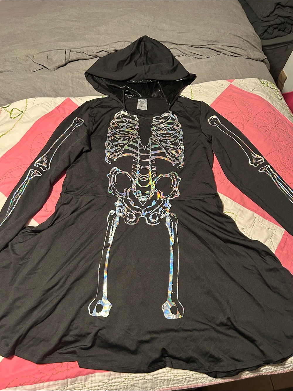 Spirit Black Hooded Skeleton Nightdress with Holographic Print